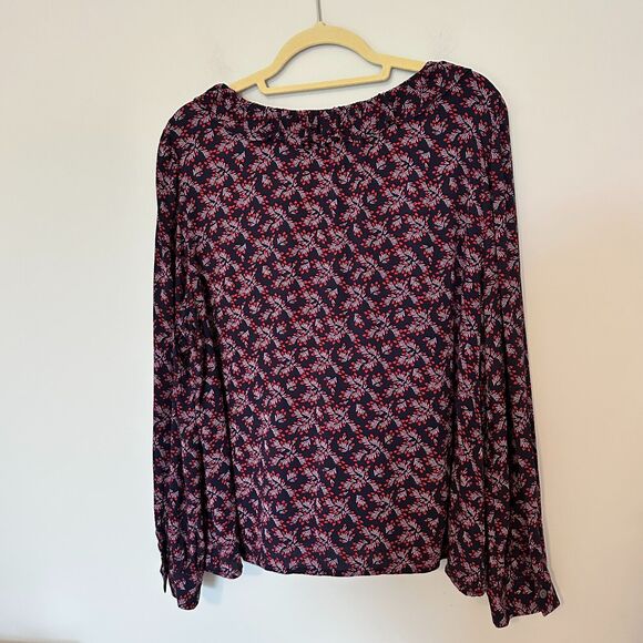 Loft Blouse Womens XL Heart Bouquet Ruffle V-Neck Floral Navy Blue Puff Relaxed - Picture 11 of 11